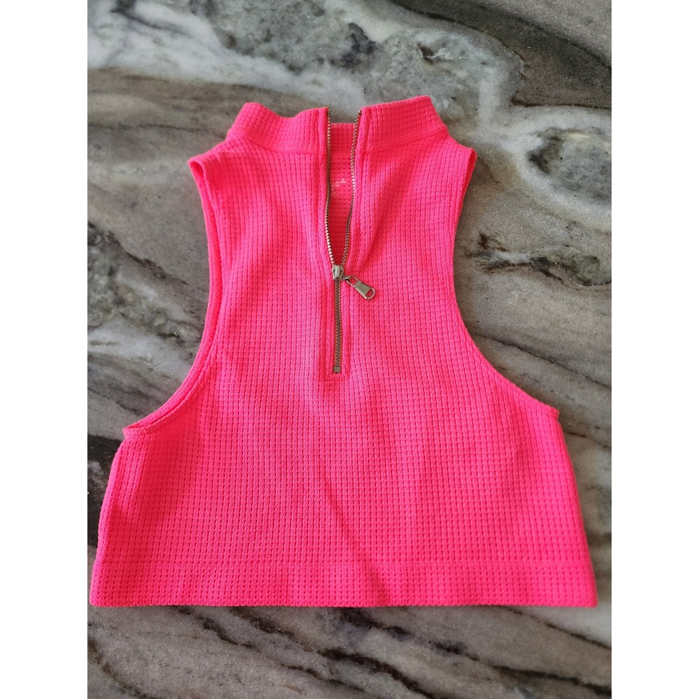NWT Out From Under Urban Outfitters Neon Pink Waffle Knit Zip Mock Neck Crop Top